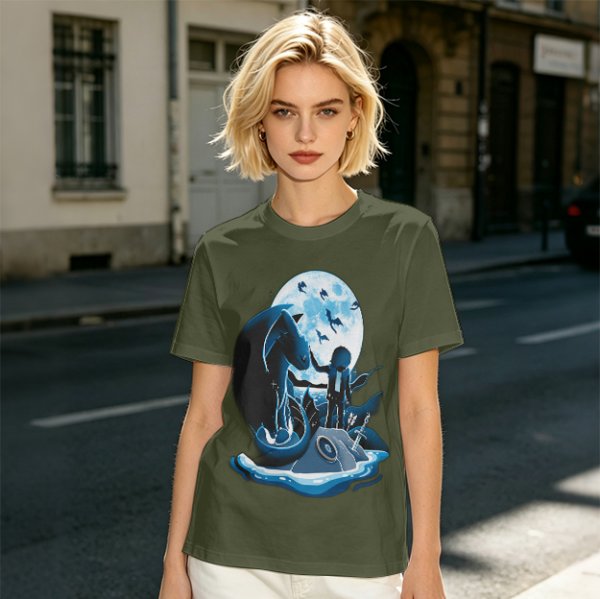 Olive T-Shirt With Dragon Rider Moonlit Fantasy Art Print