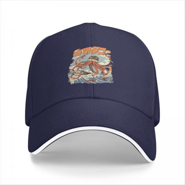 Black baseball cap with giant octopus attacking ocean waves graphic