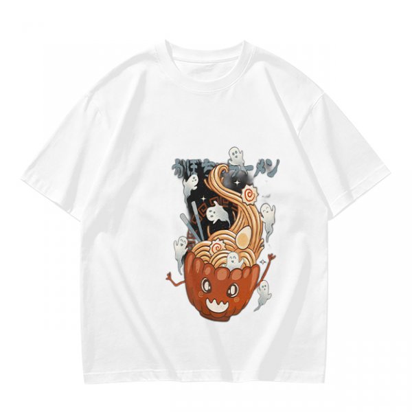 Olive green t-shirt with pumpkin ramen and ghost graphic print