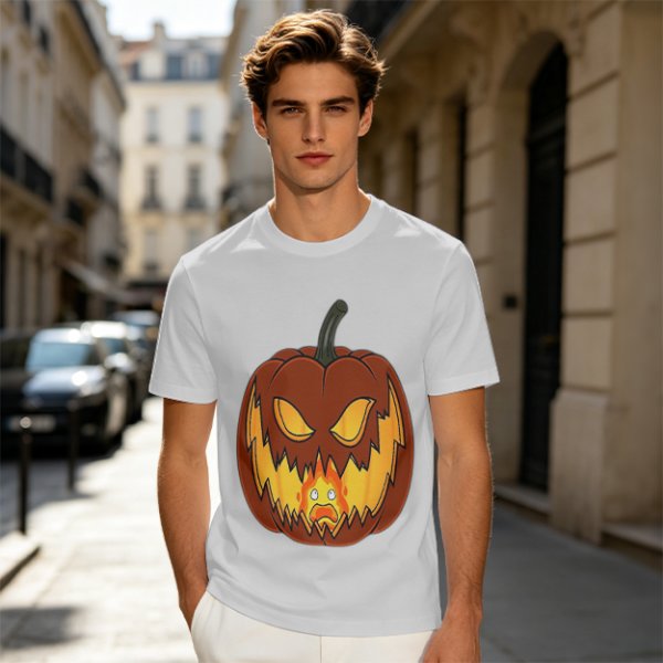 Olive Green T-Shirt With Scary Jack O' Lantern Pumpkin Print