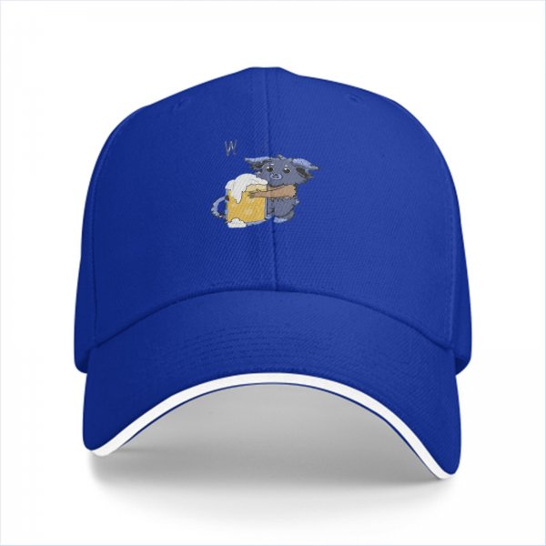 Black baseball cap with cute blue monster holding a foamy beer mug