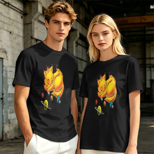 Olive T-Shirt With Sleeping Cosmic Cat And Planets Graphic