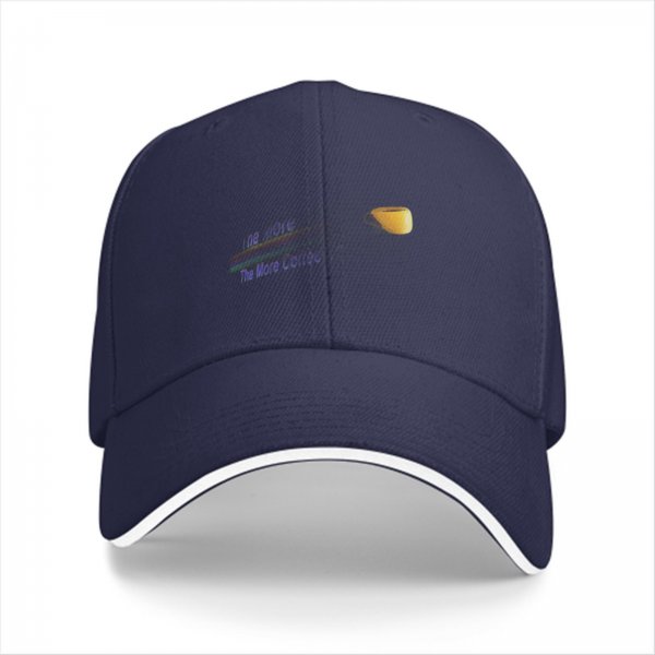 Black baseball cap with coffee themed graphic and text