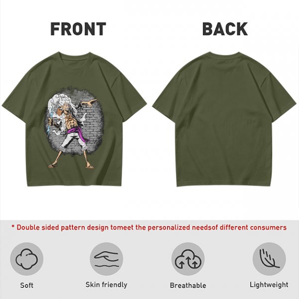 Olive T-shirt with One Piece Gear 5 Luffy Graphic Print