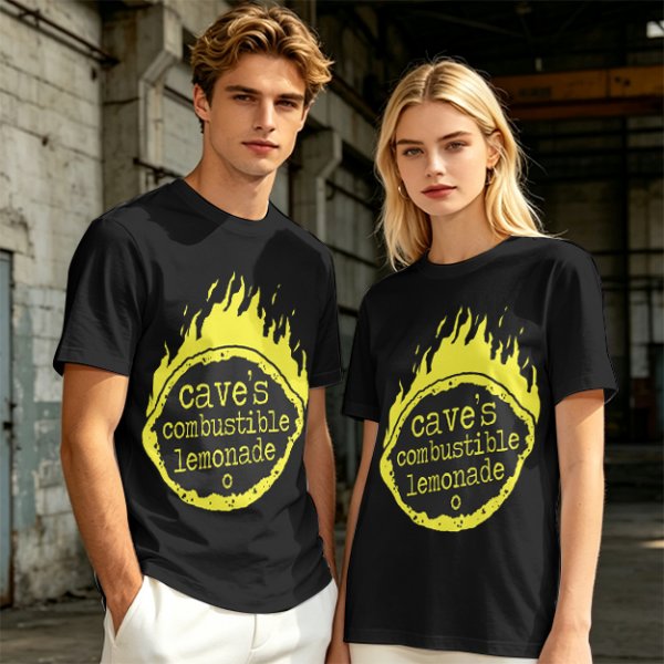 Olive t-shirt with cave's combustible lemonade flame graphic