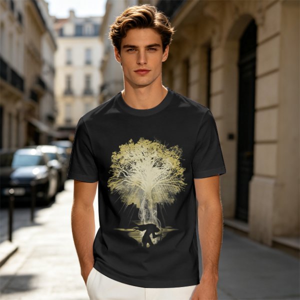 Olive Green T-Shirt With Glowing Tree Reflection Art