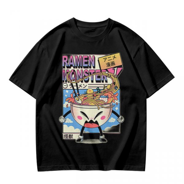 Olive green t-shirt with ramen monster anime graphic print