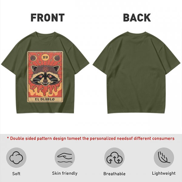 Olive T-Shirt With Raccoon El Diablo Tarot Card Print