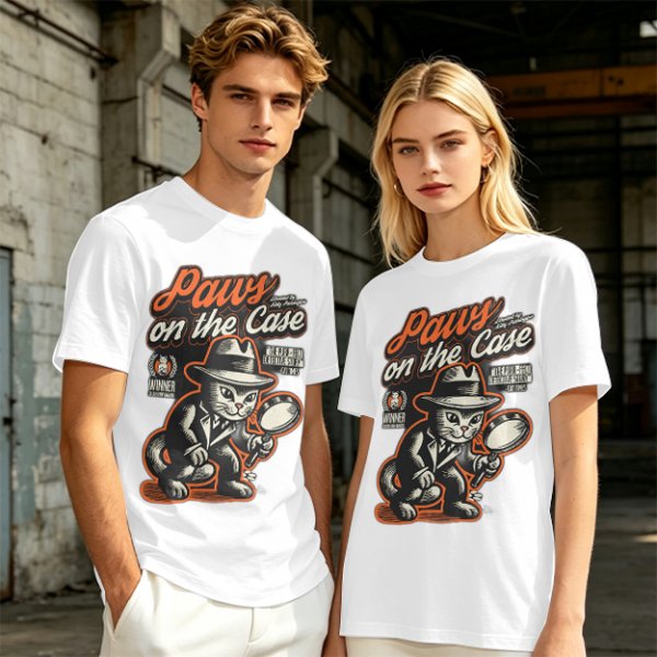 Olive t-shirt with detective cat 'Paws on the Case' graphic