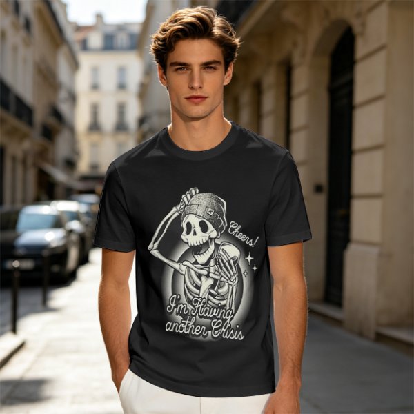 Olive t-shirt with skeleton graphic and 'Cheers! I'm Having Another Crisis' text