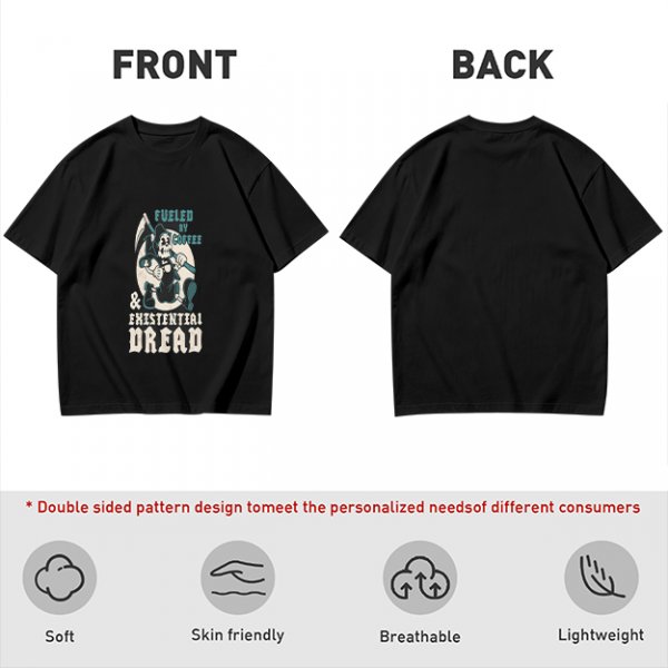 Olive graphic t-shirt with 'Fueled by Coffee & Existential Dread' grim reaper print
