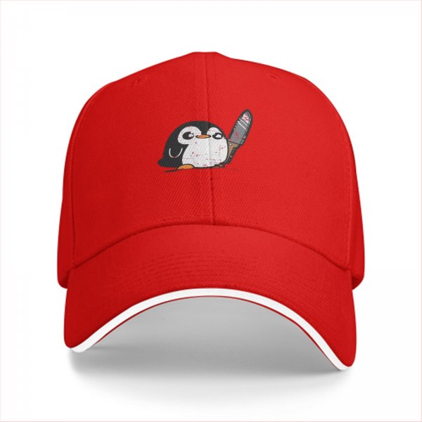 Black baseball cap with a cute penguin holding a bloodied knife print