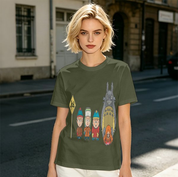 Olive T-shirt with cartoon characters print featuring Totoro and small figures
