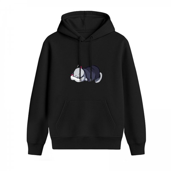Black Hoodie With Cute Sleeping Cat Graphic Print