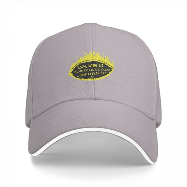 Black baseball cap with Cave's Combustible Lemonade flame logo