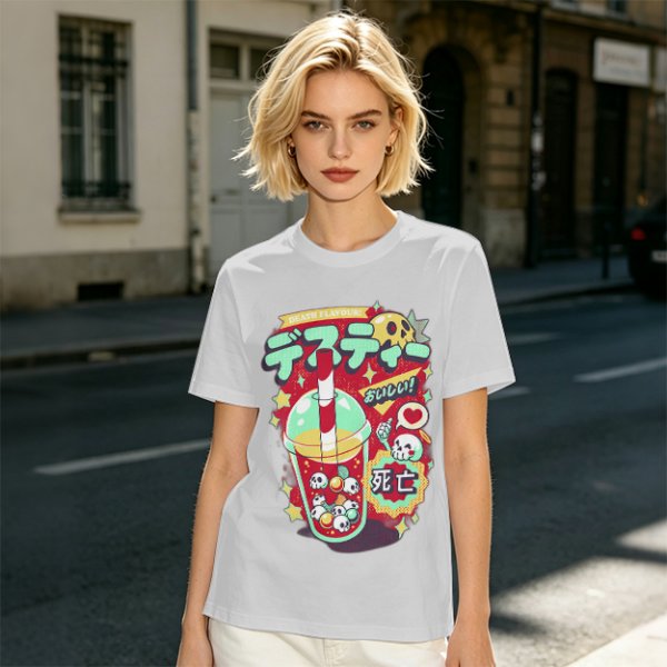 Olive t-shirt with spooky skull bubble tea graphic and Japanese text
