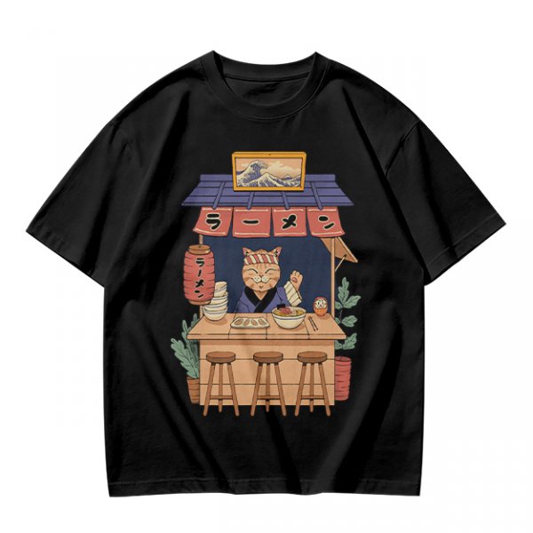 Olive T-Shirt with Cat Ramen Shop Artwork