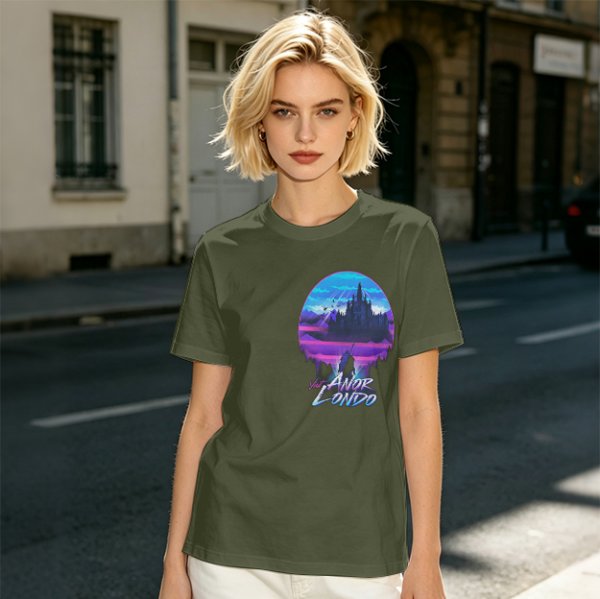Olive T-shirt with Anor Londo Synthwave Castle Print