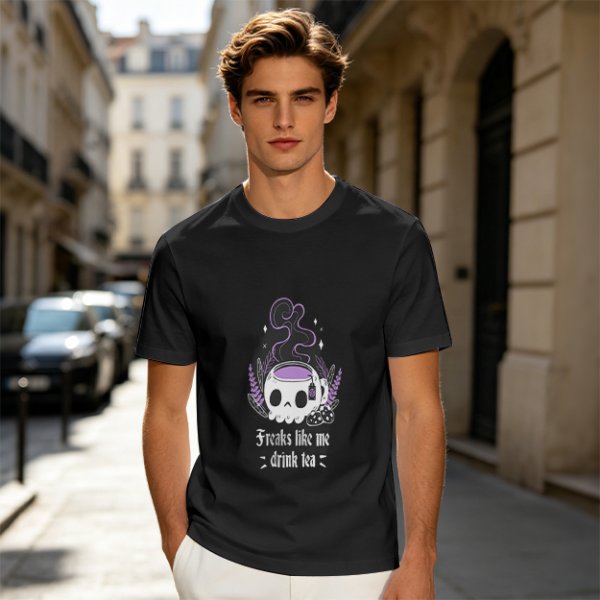 Olive graphic t-shirt with skull tea cup and 'Freaks like me drink tea' text