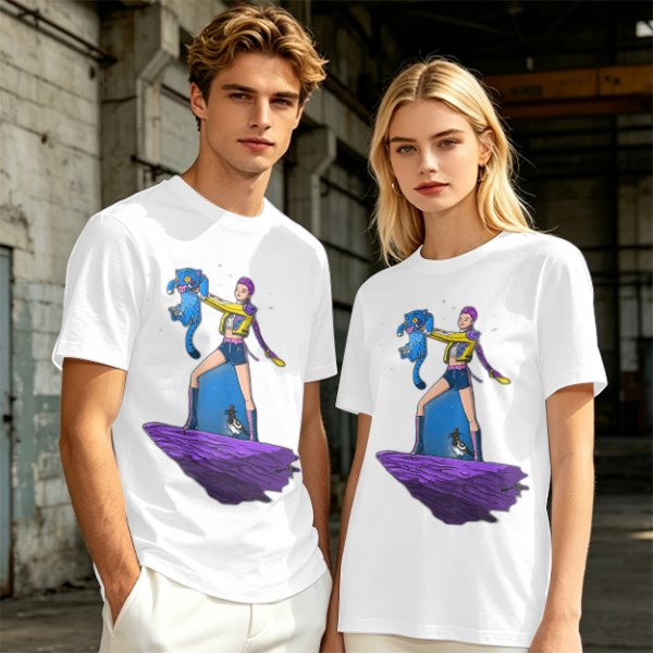 Olive T-shirt with Art Print of Girl Holding Blue Creature on Floating Rock