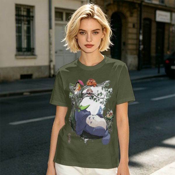 Olive green t-shirt with My Neighbor Totoro forest scene print