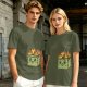 Olive Green T-Shirt With Cartoon Burning Dumpster Graphic