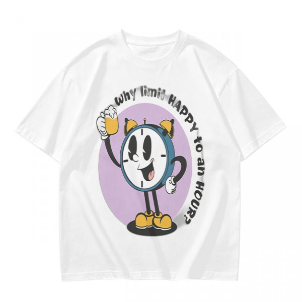 Olive T-Shirt With Cartoon Clock Holding Beer 'Happy Hour' Print
