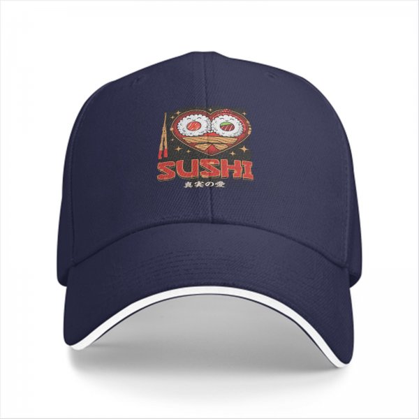 Black baseball cap with sushi heart graphic and text