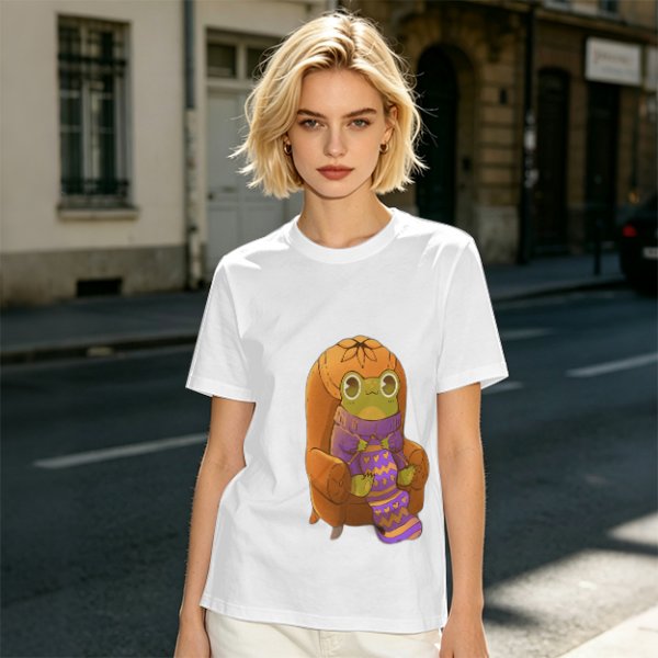 Olive Green T-Shirt with Cozy Frog in Pumpkin Hat Graphic
