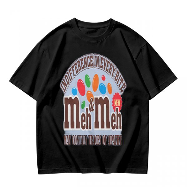 Meh and Meh novelty graphic t-shirt with indifference themed print