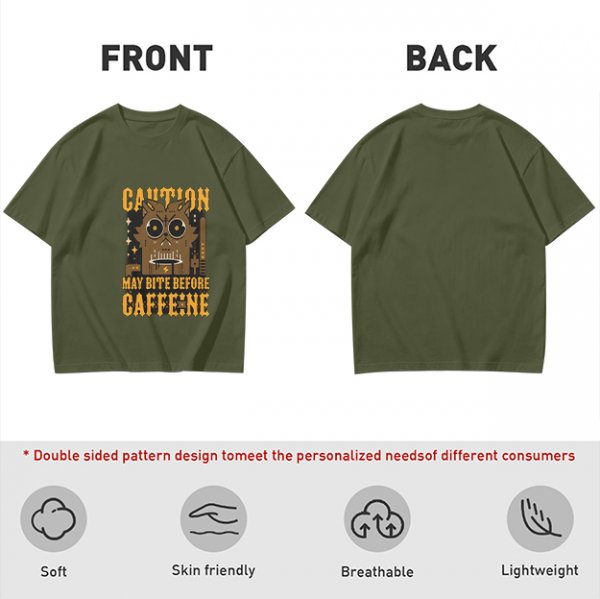 Olive Graphic T-Shirt With 'Caution May Bite Before Caffeine' Angry Cat Print