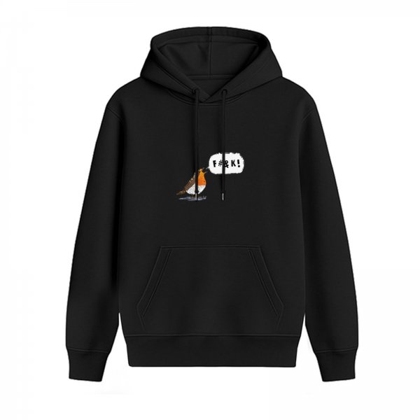 Black hoodie with a robin bird graphic and speech bubble text