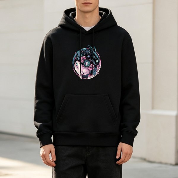 Black Hoodie With Yin Yang Dragon Floral Graphic Print