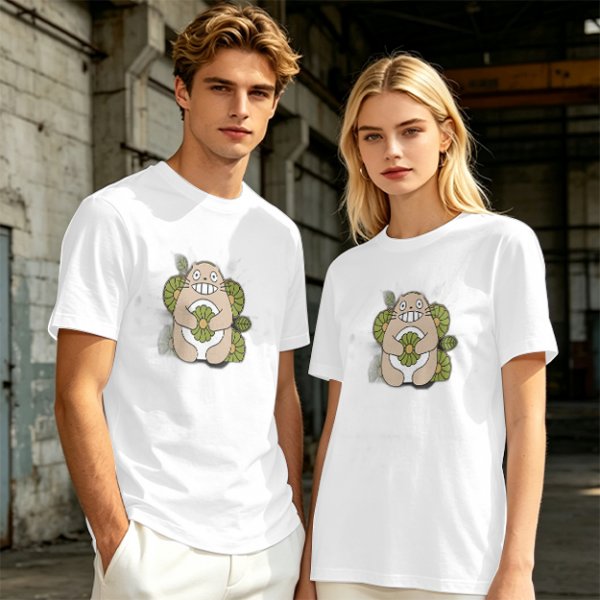 Olive Green T-Shirt With Cute Totoro And Leaf Print
