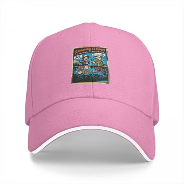 Black baseball cap with Stranger & Hobbs Upside Down Adventures graphic print