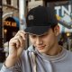 Black baseball cap with retro graphic print design