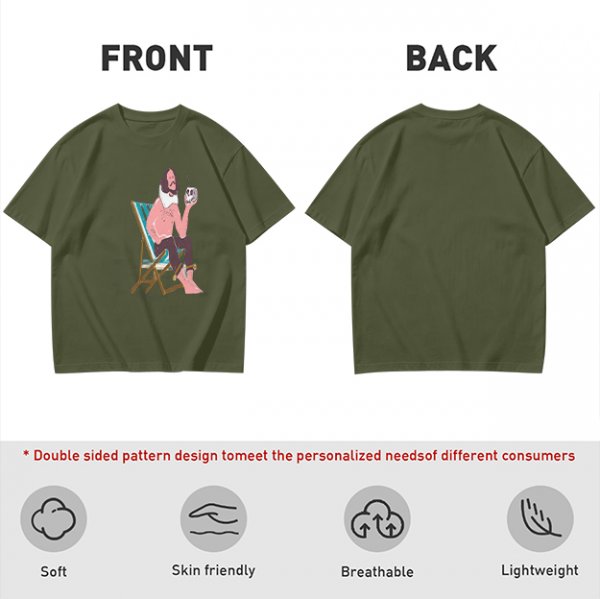 Olive T-Shirt With Relaxed Bearded Man Holding Skull Cup Print