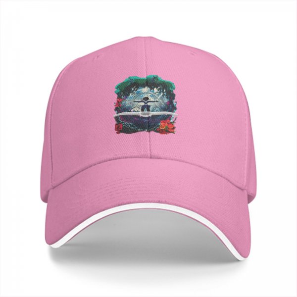 Black Baseball Cap With Fantasy Forest Figure And Red Floral Print