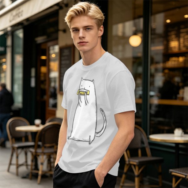 Olive T-Shirt With White Cat Playing Harmonica Graphic