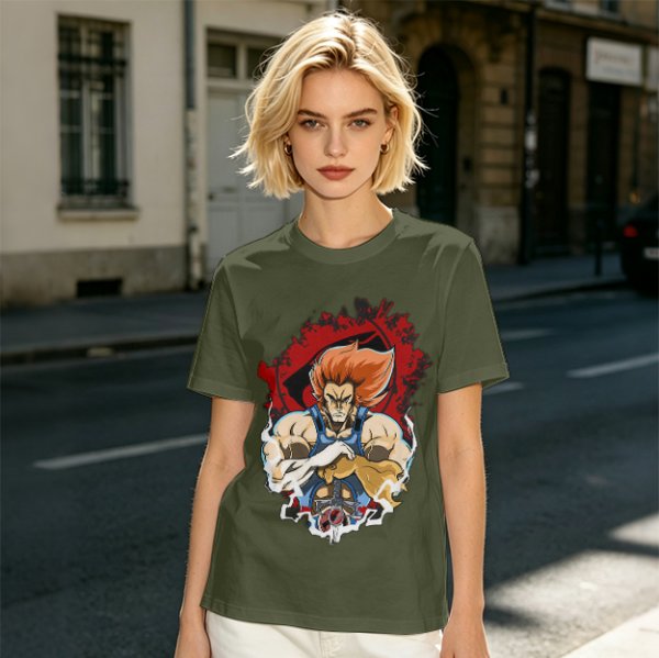 Olive T-Shirt with Retro Anime Lion Character Graphic