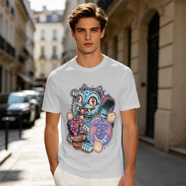 Olive T-Shirt With Maneki-Neko Sabertooth Cat And Crow Art