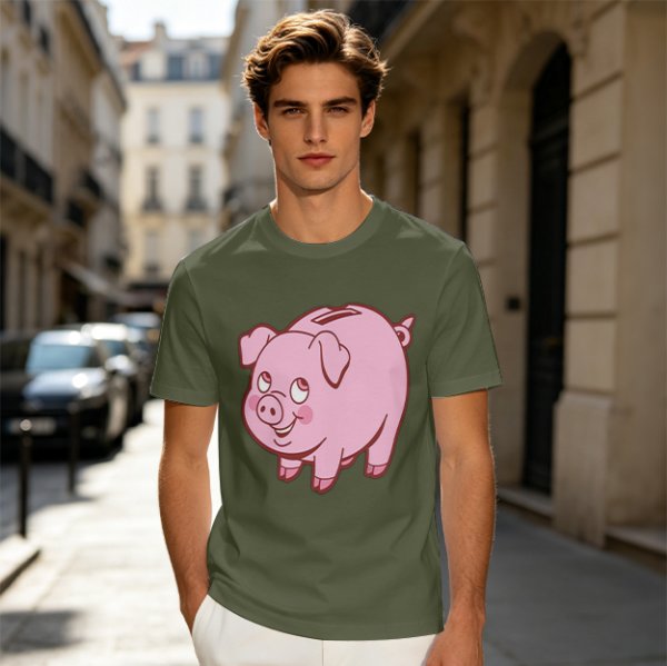 Olive Green T-Shirt With Cute Pink Piggy Bank Graphic Print