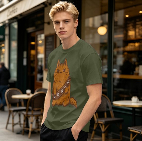 Olive green t-shirt with a grumpy cat in a Chewbacca-style bandolier print