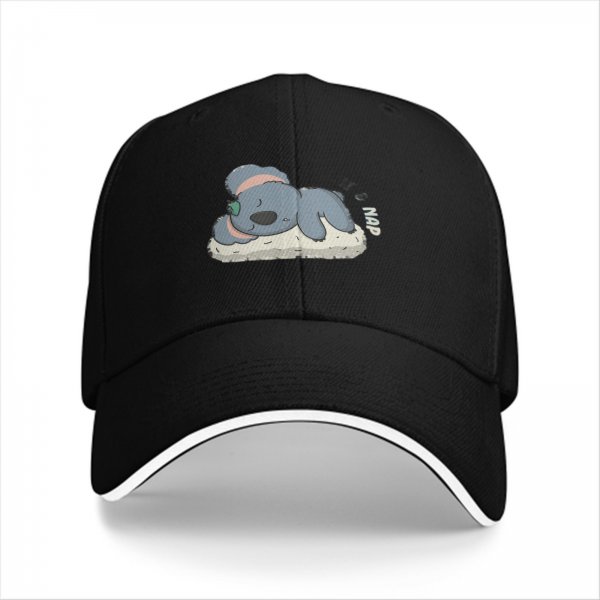Black baseball cap with sleeping koala and 'nap' graphic