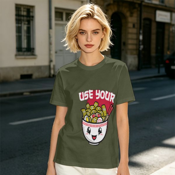 Olive T-Shirt With Cute Ramen Bowl Graphic And 'Use Your' Text
