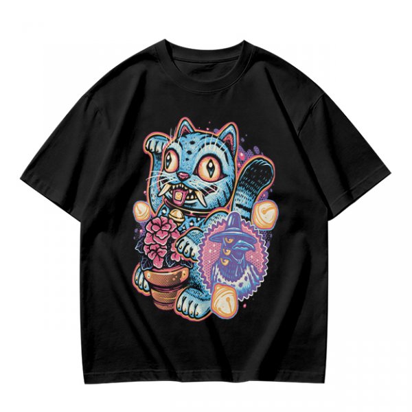 Olive T-Shirt With Maneki-Neko Sabertooth Cat And Crow Art
