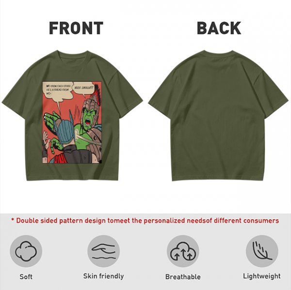Olive t-shirt with comic print of Hulk and Thor mid-smashed interaction