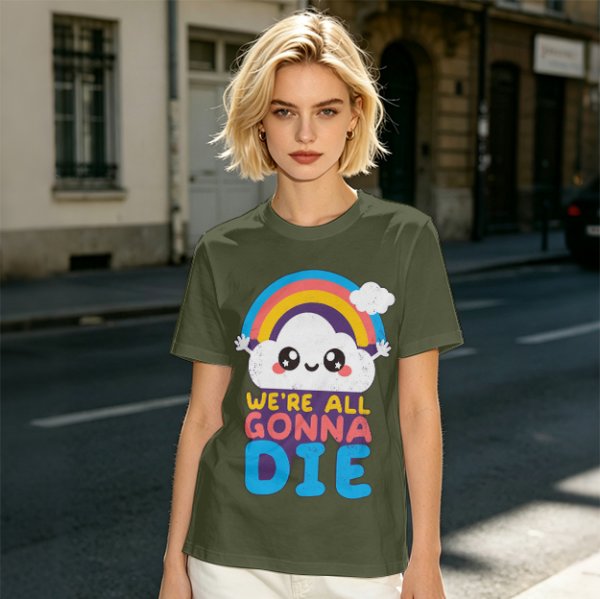 Olive T-Shirt With Cute Cloud Rainbow Graphic And 'We're All Gonna Die' Text