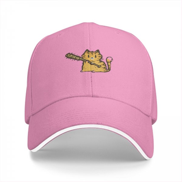 Black baseball cap with a cartoon orange cat holding a baseball bat