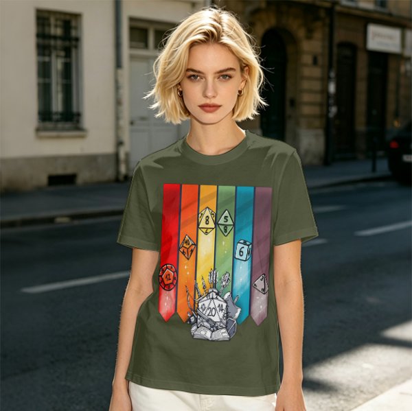 Dungeons and Dragons Polyhedral Dice Rainbow Graphic T-Shirt